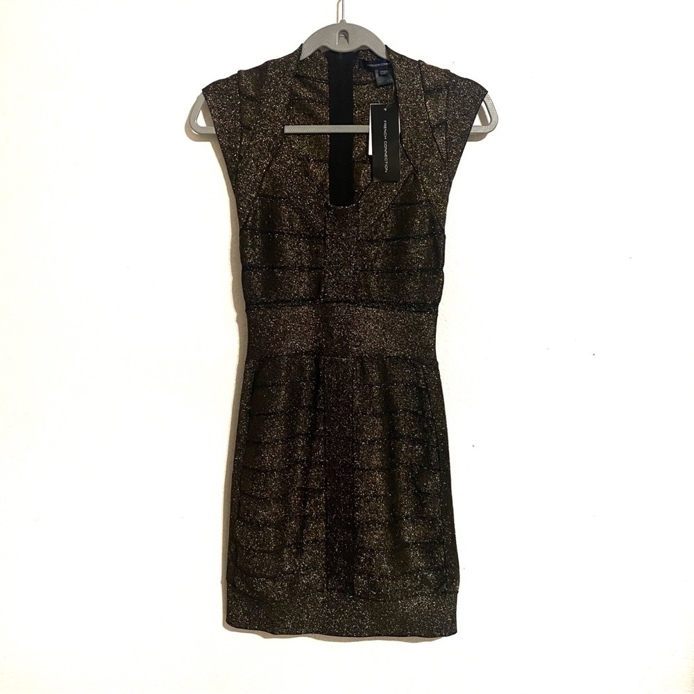 French Connection Bodycon Form Fitting Black and Gold Dress Sz 2 Shimmery NWT